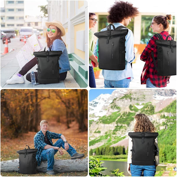 Roll Top Ryggsäck Stor Laptop Ryggsäck 17' USB-port Vattentät Stöldskyddsryggsäck Resor Vandring Camping College Skolarbete-XF3-