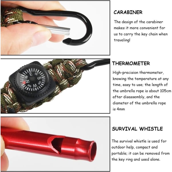 3st 4 i 1 Paracord nyckelring, Paracord nyckelring for navigering Kompass Survival Whistle, multifunksjonell karbinhake for campingvandring