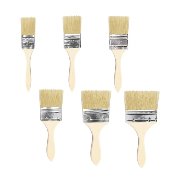 Pensel 6 stykker malerbørster Trelakk med treskaft flate børster for maling på skalllim（1"、1.5"、2"、2.5"、3"、4")