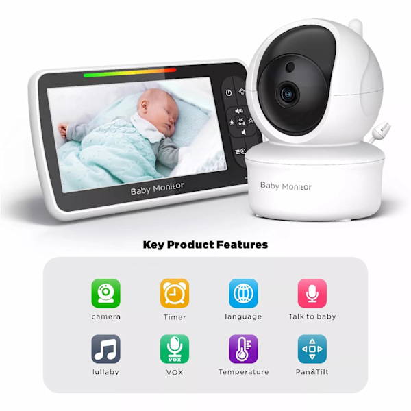 Babymonitor - Babyvakt med 5-tums skärm Plug & Play Bebisvakt Black Svart