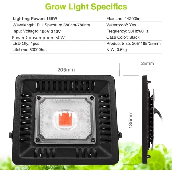 50 W puutarhaviljelyn LED-kasvatusvalo, IP67 vedenpitävä kasvuvalo