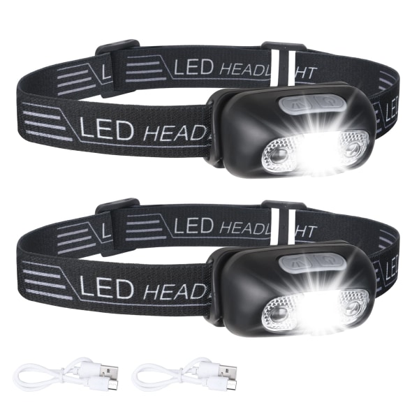 2-pak USB genopladelig pandelampe, IPX6 vandtæt, ultralet superlys 160 lumen LED-hovedlampe med bevægelsessensor og rødt lys-XF3-