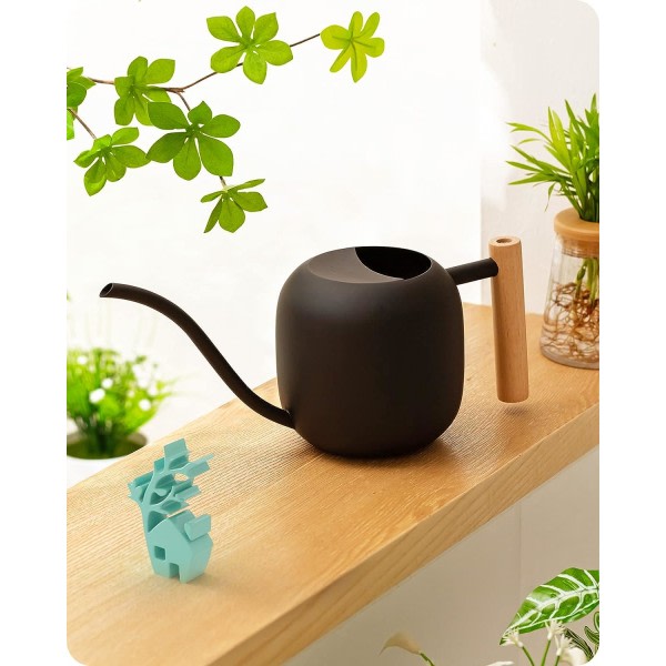 Vattenkanna för inomhusbruk, 1,2 liter bonsaivattenkanna i rostfritt stål med trähandtag, trädgårdsvattenkanna i metall med lång pip (svart)