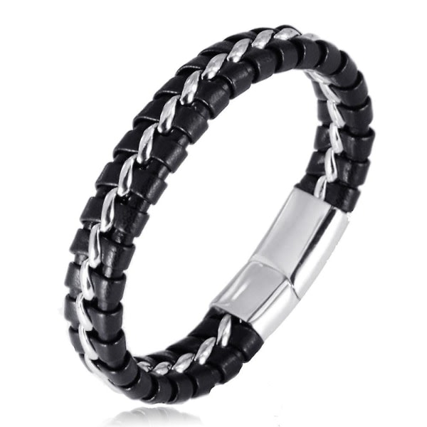 Barn pojkar armband i ?kta l?der svart. titan silver kedja magnetl?s 7"/18 cm