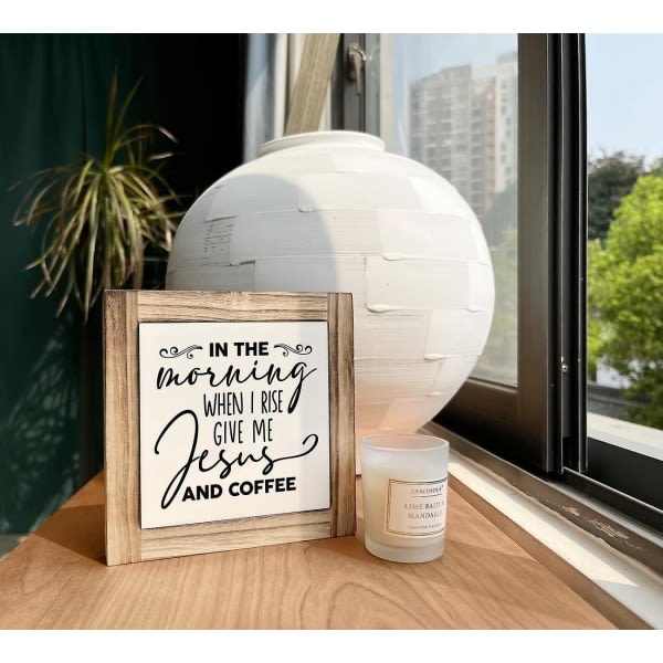 "Anna minulle jeesus ja kahvia" Puinen plakettikyltti – keittiön sisustus, kahvinkeitin (5,9x5,9 tuumaa)