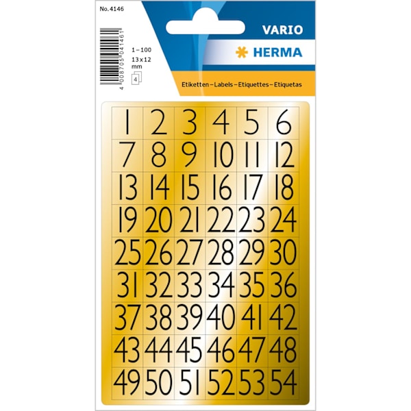 Mærkeetiket Herma 4146 Tal 1-100, 13x12mm, Sort/Guld gold 10