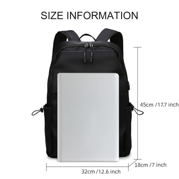 Laptop-rygsæk, let arbejdstaske med opladningsport, sort