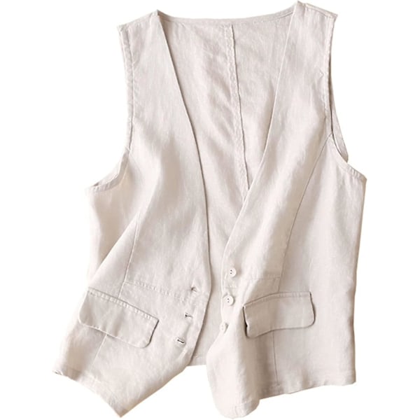 Dame Bomuld Linned Vest, Casual Løstsiddende V-Hals Ærmeløs Vest Jakke Beige L Beige