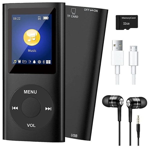 Mp3-afspiller med Bluetooth 5.0, musikafspiller med 32 GB Tf-kort, fm, hovedtelefoner, bærbar hifi-musikafspiller (sort) Sort