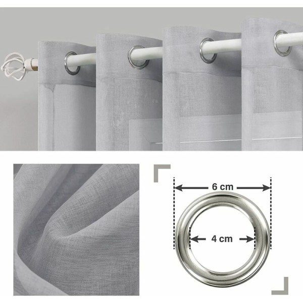 Grå gardiner i linne-look 140x160cm halvtransparenta med öljetter - Sovrumsvoilegardiner för vardagsrum, moderna köksgardiner, 2-pack-XM4-