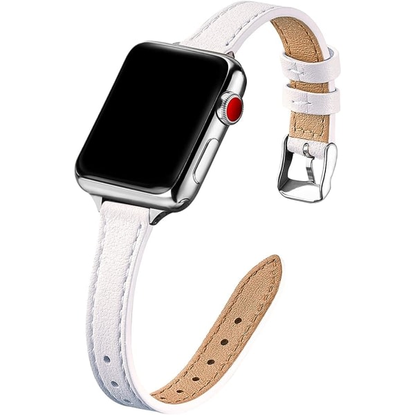 Kompatibel med Apple Watch rem 38 mm 40 mm 41 mm, byte av äkta läderrem, smalt og tunt armbånd for iwatch Series 6/5/4/3/2/1, SE (Vit)