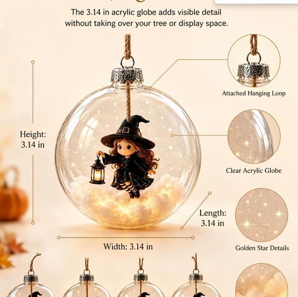 Mini Gennemsigtigt Julepyntssæt, 4 Designs Spøgelse Heks Sort Kat Græskar til Juletræsdekoration Black Cat