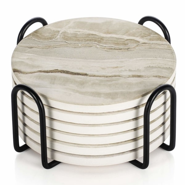 Underlägg Set om 6 - Underlägg i marmor Keramik - Underlägg med hållare och korkbas, för kvinnor män för olika koppar, bord och heminredning, 4