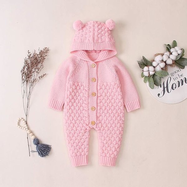 Nyfødt baby hørebeskyttelse strikket overall jumpsuit varmere sne-dragt til drenge piger rosa 73cm 73 cm Pink 73 cm