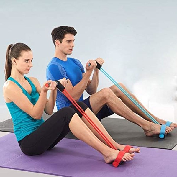 2-delad Sit Up Styrketränare, 4 Tube Elastik Dragcord Abs Exerciser, Fitness Stretch med fotpedal, rød