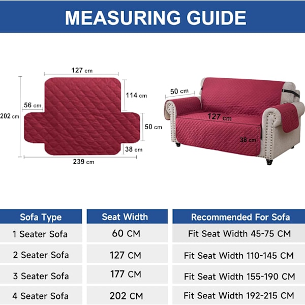 2-personers sofastof, Vandtæt sofastof, Universal sofastof, Anti-slip katte- og hundeklø-beskyttelse, Bourgogne vinrød Wine red Double