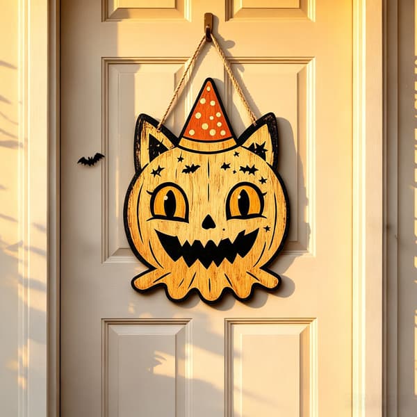 Halloween Trædørhænger, Sort Kat Spøgelse Ravn Græskar, UV-print Laserskåret 8 20CM