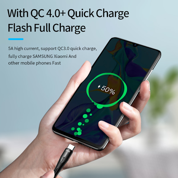 USB-C till USB-C-kabel, snabbladdning, 60 W, 2,4 A, 0,5 m, svart