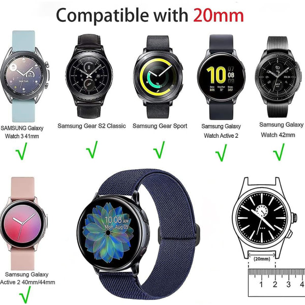 Pakke Nylon kompatibelt Samsung Galaxy Watch Active 2 Universal 20 mm strækbar sportsløkke åndbart armbånd Sort+blå