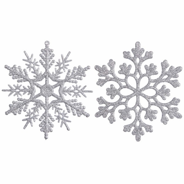 Plast Juleglitter Snowflake Ornaments Juletrepynt, 4-tommer, sett med 36, Sliver