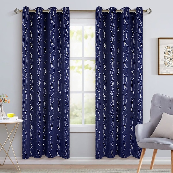 Mørkeblå mørklægningsgardiner 213 cm lange, 2 paneler, øjet isolerede rum mørklægningsgardiner med bølget linje og prikmønster soveværelse, 132 x 213 cm -XF4-