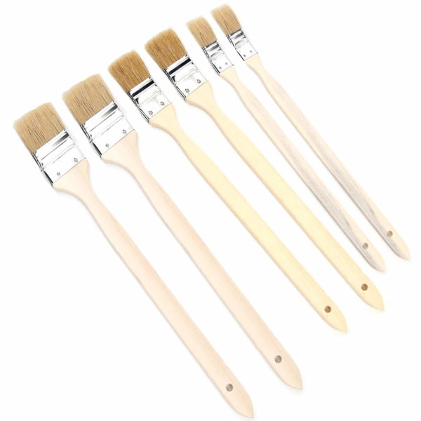 Kølerbørste, 6 stk malerpensel flade børster med træskaft 25-40-50 mm bredde, 400 mm lang, til malerpletter og maskinrengøring