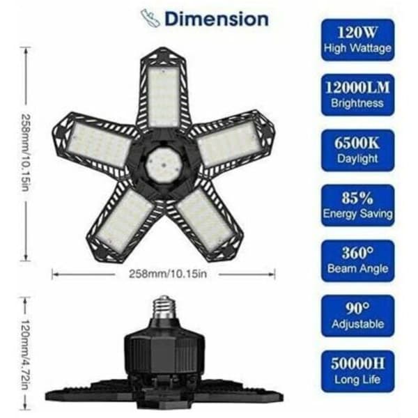 Rea - LED garasjebelysning - 120 W - 12000 lm - Verkstedlampe - Formbare taklamper - E26/E27 paneler - 1 lampe-FF-