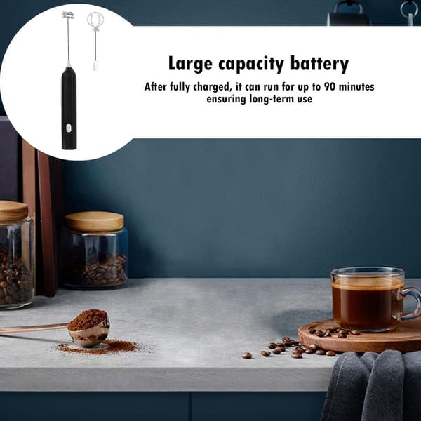 Elektrisk mælkeskummer USB genopladelig bærbar minipisker 2 piskeris til Latte Kaffe Sort