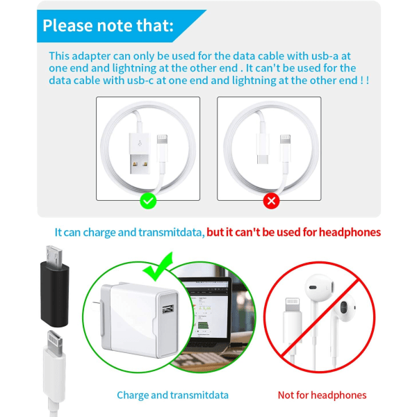 3-pakning, mikro USB til Lightning-adapter, Lightning-hona til mikrousb-hane-adapter