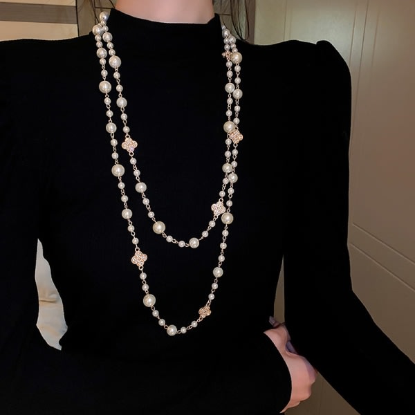 Rhinestone blomster perler lang halskæde mode temperament h