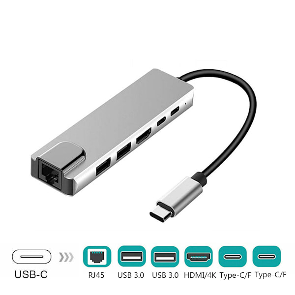 Mordely 6 i 1 USB 3.1 Type-C Hub 4K HDMI 6 in 1 USB-C Hub