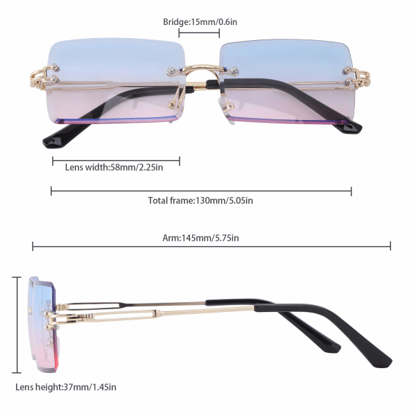 3 par firkantede solbriller uten innfatning Mote rammeløse briller