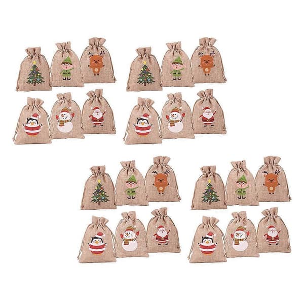 Festlige stofposer Julekalender Gaveposer Sæt DIY Festdekorationer Khaki 14x10cm Nedtælling 24 stk