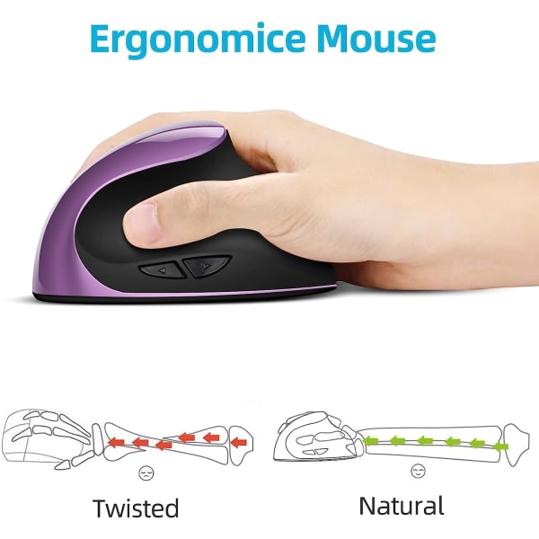 Ergonomisk trådlös mus, uppladdningsbar vertikal mus Höger liten mus Justerbar 800/1200/1600 DPI för bärbar dator, lila