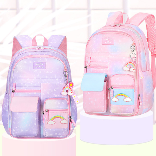 Barnskolväska flicka grundskoleelev ryggsäck stöldskydd söt gradient regnbåge serie skolväska ryggsäck väska Mochila