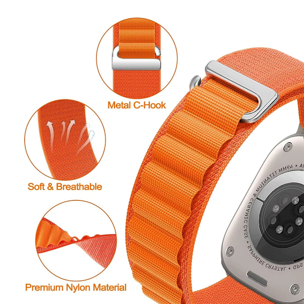 Alpine Loop Nylon Armband för Apple Watch 49mm 42mm 44mm 45mm 41mm 40mm 38mm Rem för iWatch Series Ultra 2/SE/9/8/7/6/5/4/3 Orange 42mm 44mm 45mm Orange