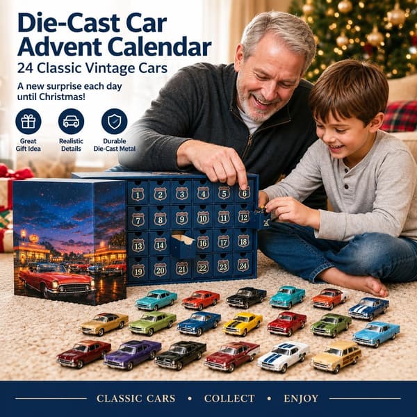 Julkalender med gjutna bilar 24 delar, klassisk vintagebilsamling prydnad, julklappsask