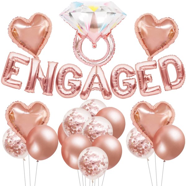Rosa guld forlovede ballonsæt, rosa guld forlovelsesdekorationer, diamantring ballon, forlovelsesballoner