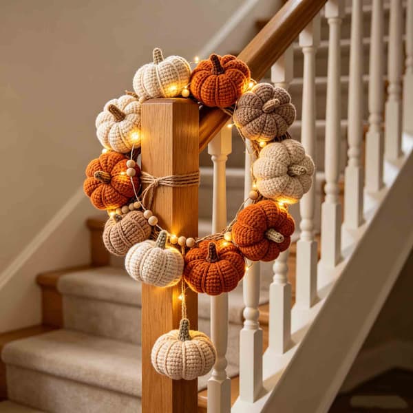 Efterårsgræskar lyskædekrans, strikket efterårsguirlande til Halloween Thanksgiving juledekoration Pine Cone String