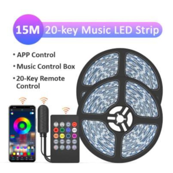 15M - 20-Tasters Musikk-LED-stripe - APP-kontroll - Musikkontrollboks MultiColo multicolor 15m 20key music led strip 30led/m