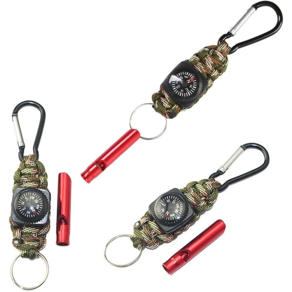3st 4 i 1 Paracord nyckelring, Paracord nyckelring navigointiin Kompass Survival Whistle, monitoiminen karbinhake för campingvandring
