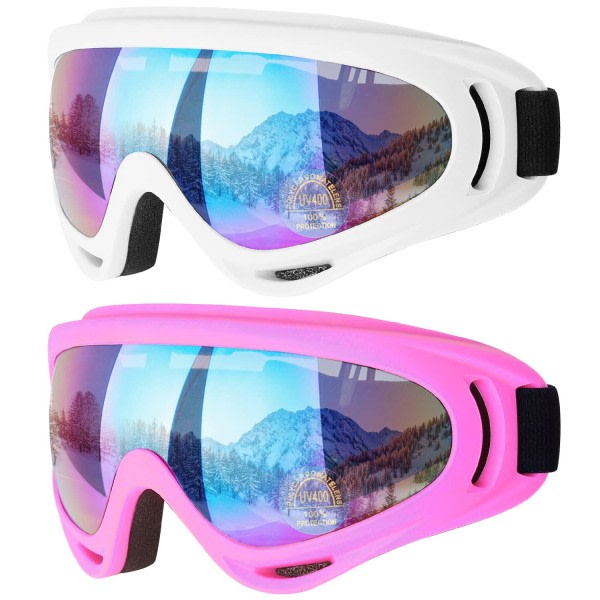 Skibriller, motorcykelbriller, snowboardbriller til mænd, kvinder, børn - UV-beskyttelse Skum Anti-ridse Støvtætte farvede linser Pink og hvid