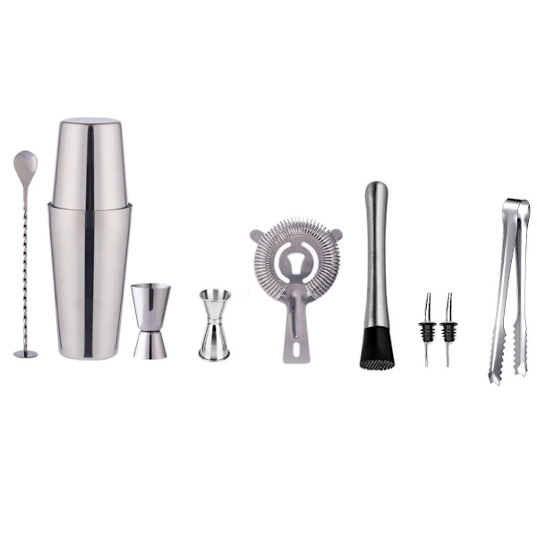 INF Cocktail sæt Dobbelt shaker 750ml Rustfrit stål Sølv 10 dele -XM4-