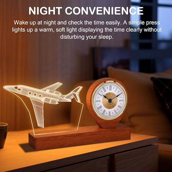 Modelfly Kvartsur til Drenge Mænd Pilotgaver, Fly Nattelampe med Skrivebordsur til Flyentusiaster Rumindretning, Flylampe for-XF13-