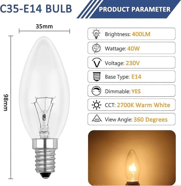[LLC] E14 40W Clear Candle Bulb, Dimmable Incandescent Bulb, Warm White 2700K, 400LM, Flame Bulb, E14 Edison Screw Base Candle Bulbs, 6-pack-FF-