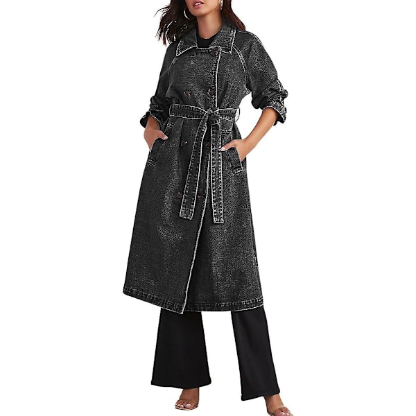 Vintage lang dongerijakke for kvinner, løs passform, dobbeltspent denimjakke trenchcoat med belte Svart Black Small