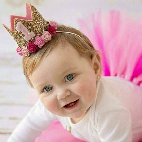 Tiara, baby / navetta 1:a födelsedag hatt glitter guld blommig stil med falsk ros, 2 år gammal