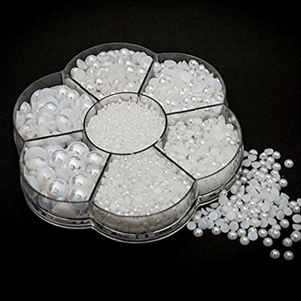 Cirka 5600 st Blandad størrelse DIY Halv Pearl Bead Platt Baksida Plast Craft Plastic Box (AB Vit)