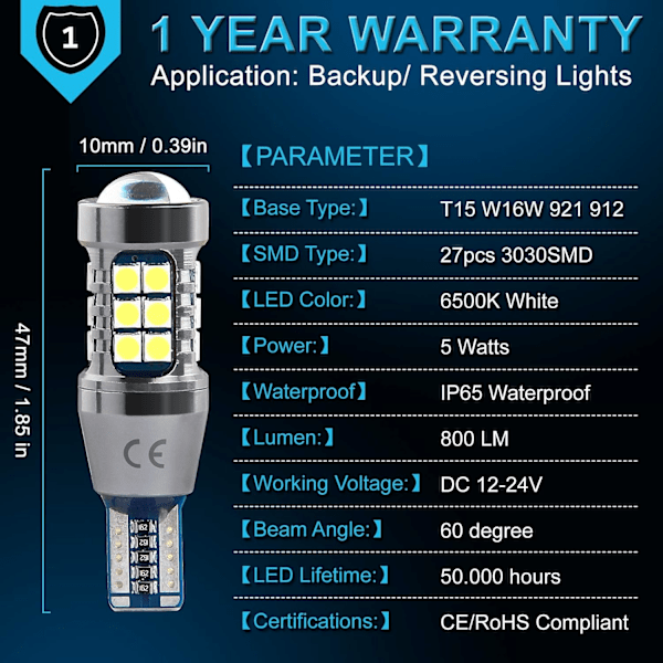 T15 W16W 12V-24V (2-pak) LED-bilpære 921 912, 800 lm hvid 6500K, til bilens LED-baklygter, parkering, baklygter.