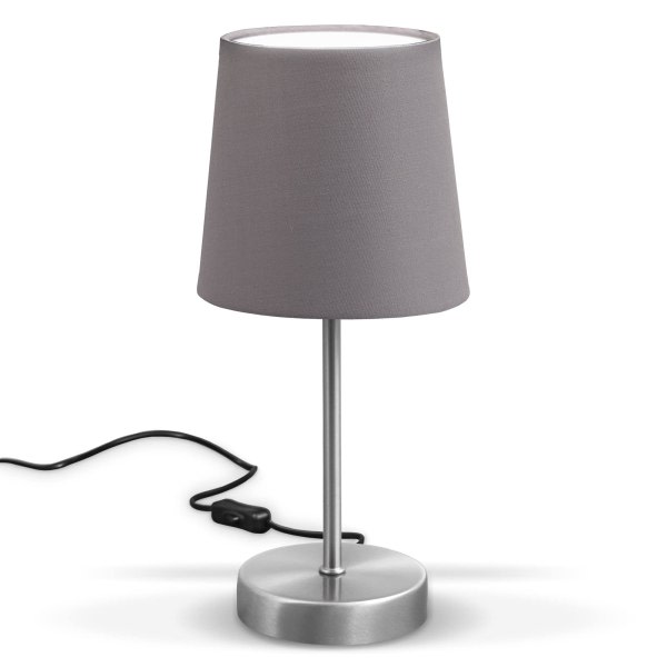 modern design bordslampa, grått tyg, matt nickelmetallfot, för E14 LED-lampa, IP20